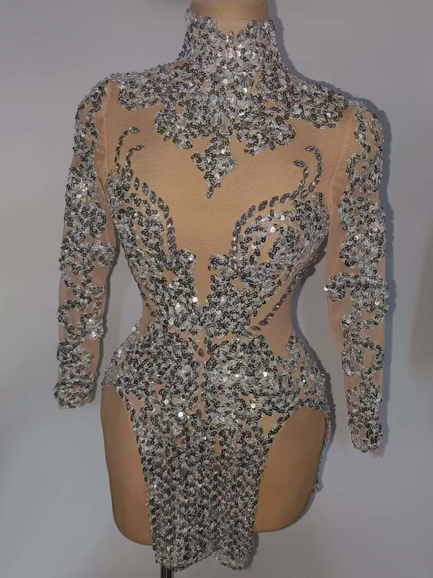 Raoquan Silver Sequins Mesh High Side Slits Ultra Short Dress