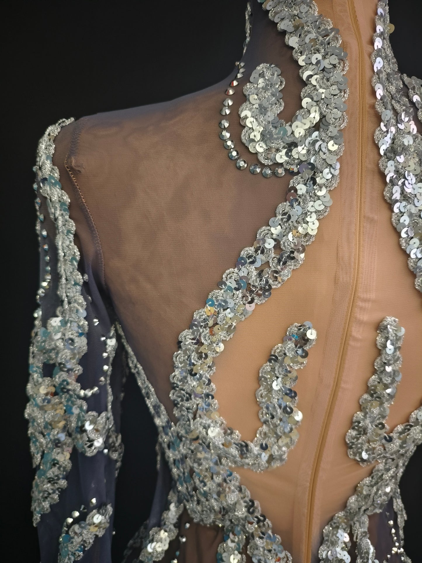 Shibei Sparkling Rhinestone Mesh See Through Long Sleeved Dress