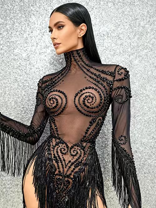 Heitao Black Sequin Tassel Rhinestone Long Sleeved Dress