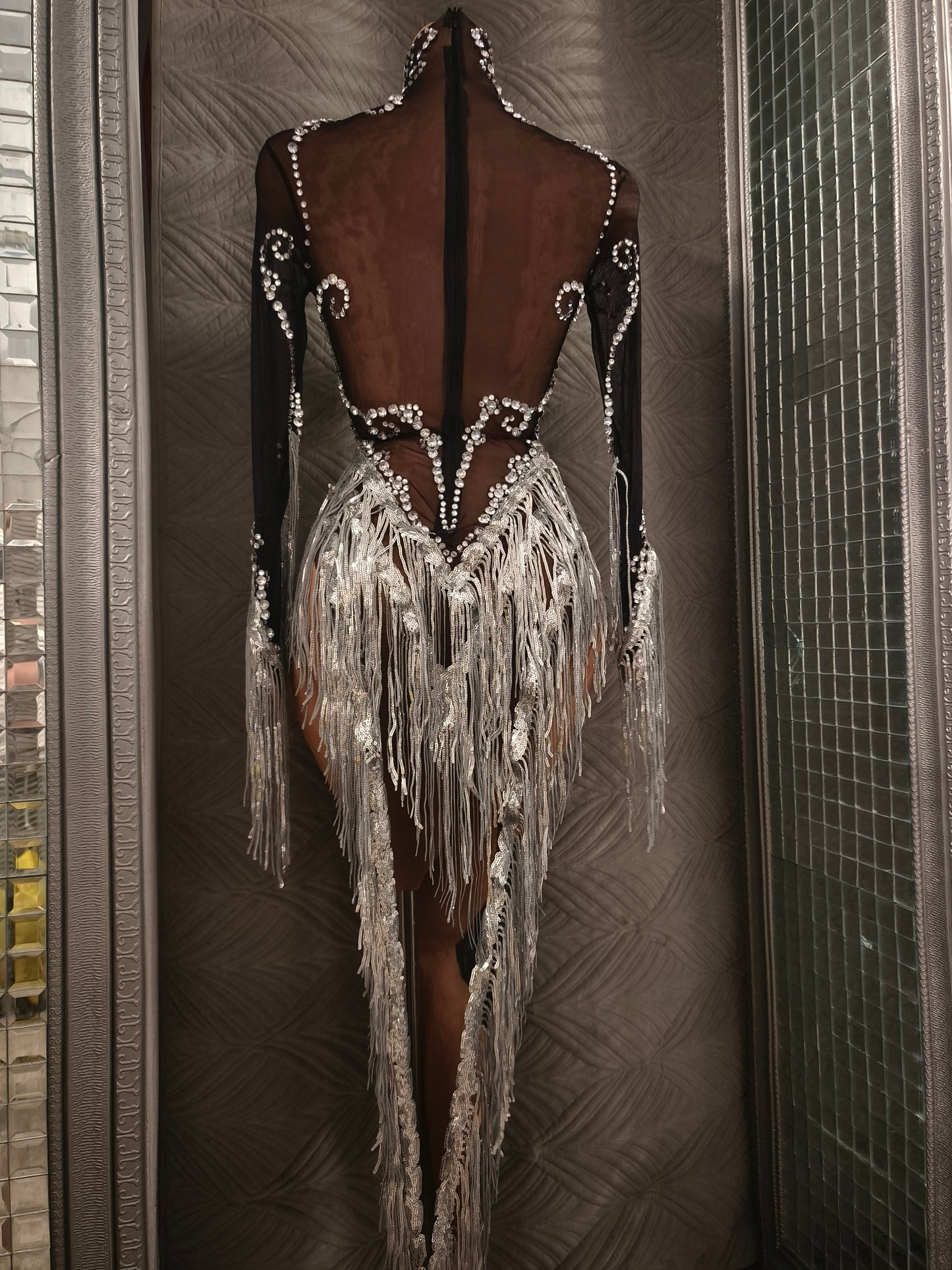 Heitao Silver Sequin Tassel Rhinestone Long Sleeved Dress