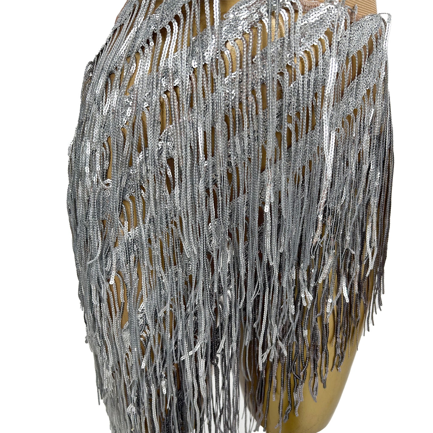 Weijing Silver Sequins Tassel Mini Skirt Crop Tops 2 Pieces Set