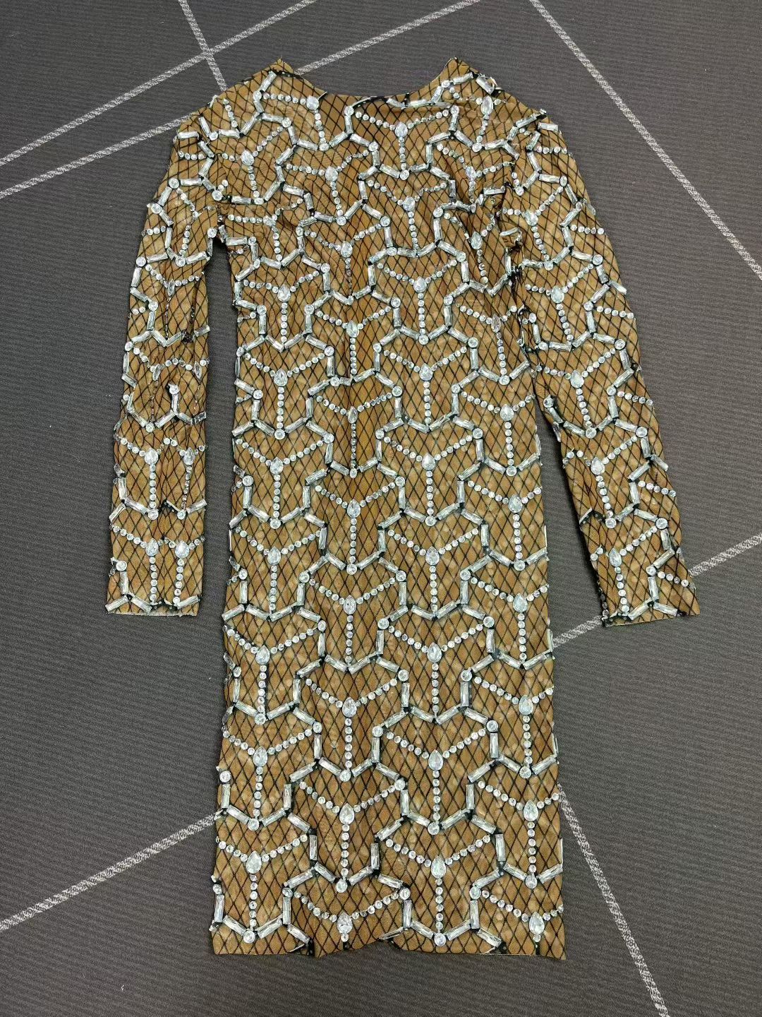 Heizhuwang Spiderweb Rhinestone Long-Sleeve Sheer Dress