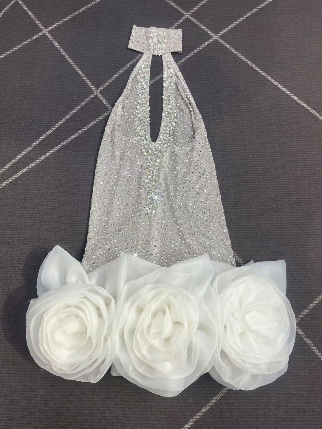 Wanghua Hollow-out Halter Neck Rhinestone Floral Mini Skirt