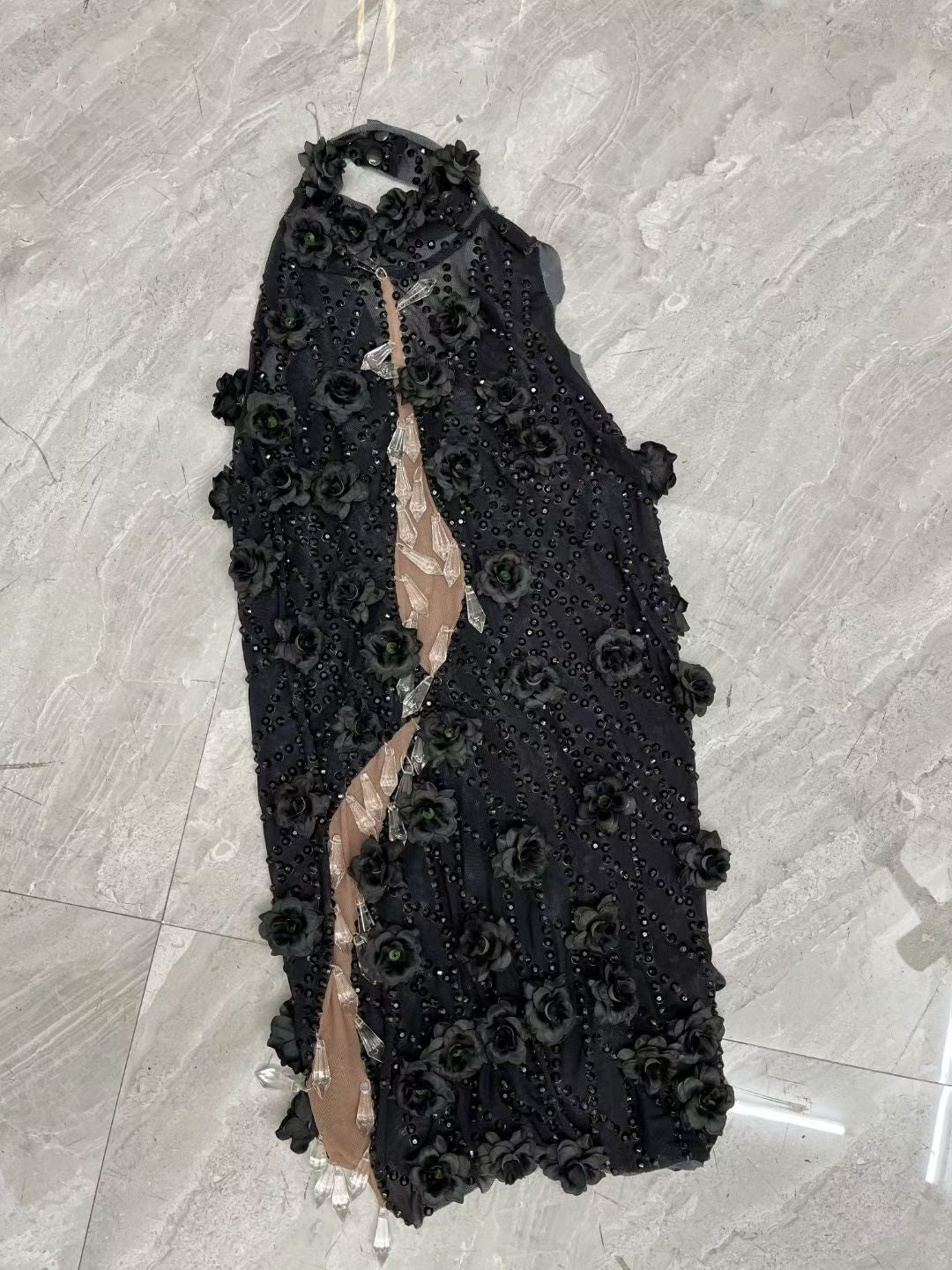 Heiguang Balck Floral Crystal Pendant Dress