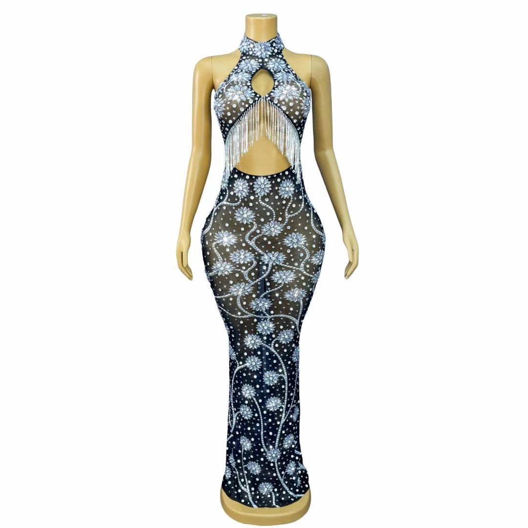 Mosanghua Elegant Diamond Floral Hollow-Cut Fringe Maxi Dress