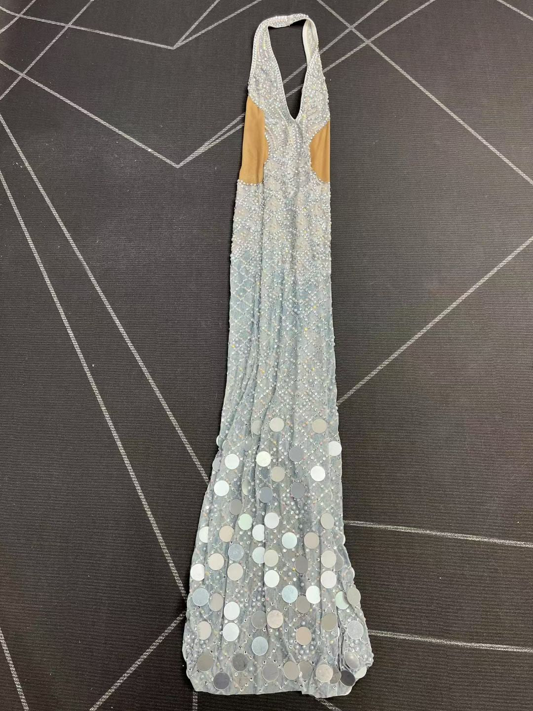 Langchao Strapless Deep V-Neck Pearl and Rhinestone Mirror Long Dress