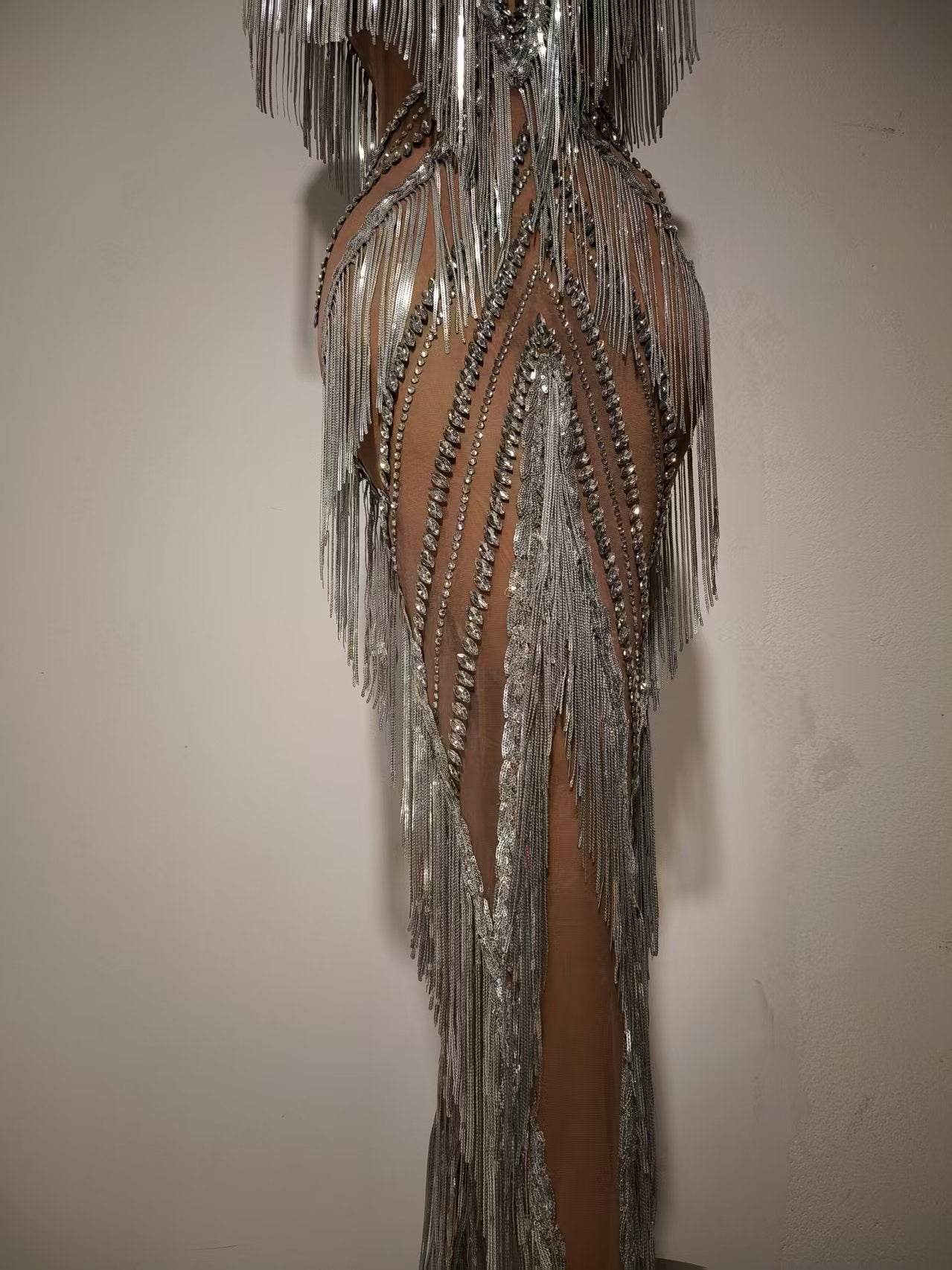 Shexian Silver Sequin Tassel Rhinestone Banquet Dress