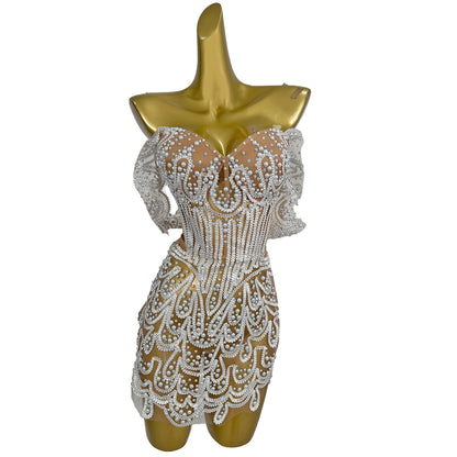 Lurong Sequins White Pearl Strapless Dress