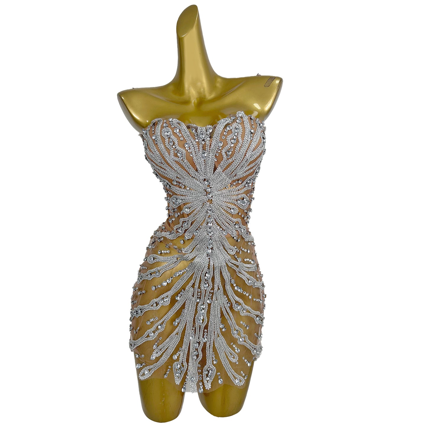 Youtiao Silver Rhinestones Embroidery Mesh Bodycon Mini Fake 2 Pieces Dress