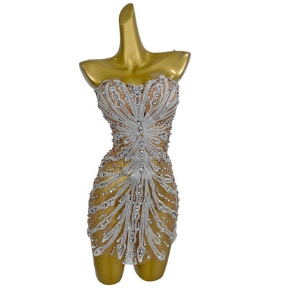 Youtiao Silver Rhinestones Embroidery Mesh Bodycon Mini Fake 2 Pieces Dress