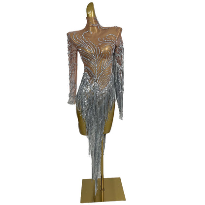 Fumao Silver Rhinestone Pearls Tassel Event Party Dress