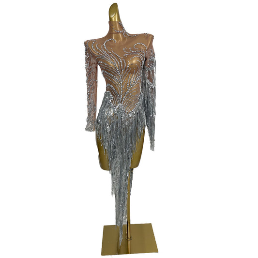 Fumao Silver Rhinestone Pearls Tassel Event Party Dress