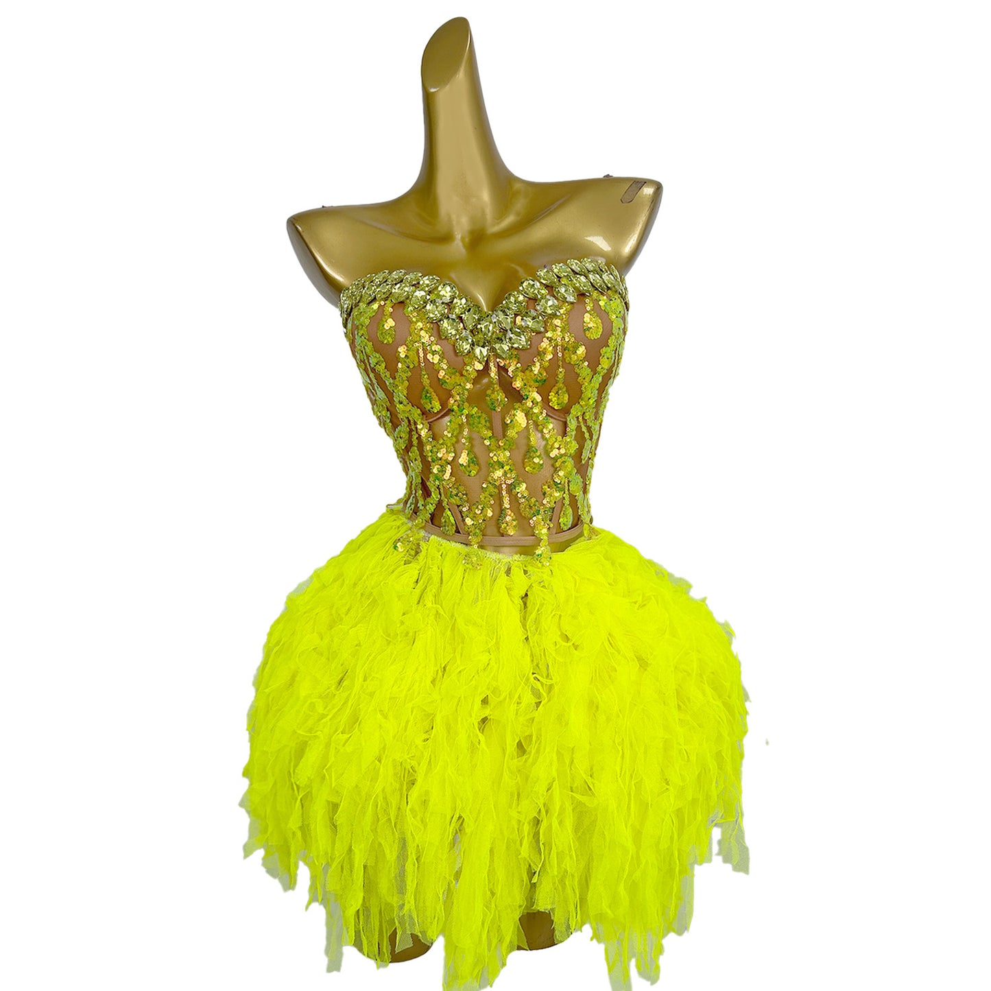 Qingtai Gold Rhinestone Crop Top Mini Skirt 2Pieces Set