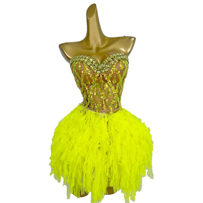 Qingtai Gold Rhinestone Crop Top Mini Skirt 2Pieces Set