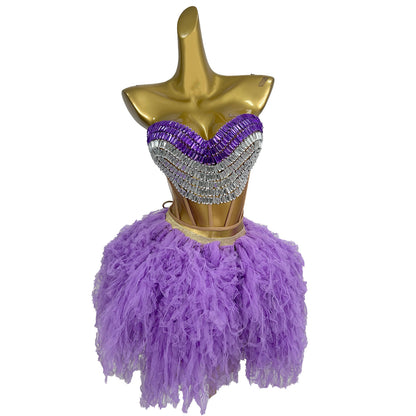 Jijing Purple Crystals Top Gauze Mini Skirt 2Pieces Set