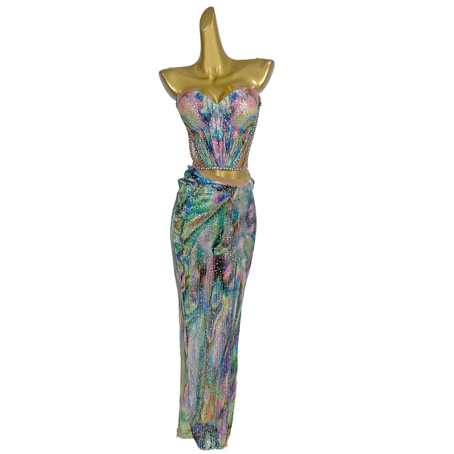 Huancai Women Sparkle Sequined Rhinestone 2-Piece Long Dress