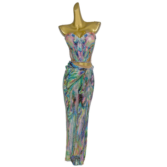 Huancai Women Sparkle Sequined Rhinestone 2-Piece Long Dress