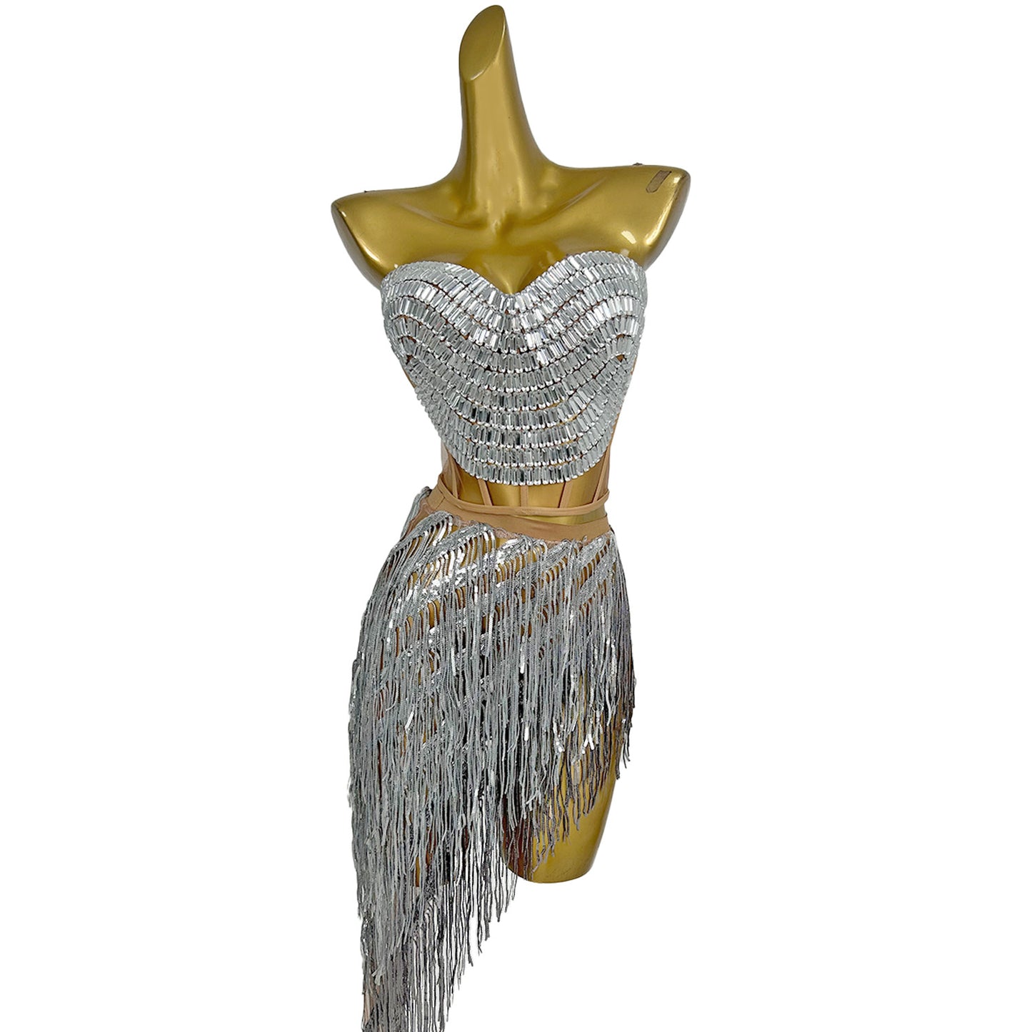 Weijing Silver Sequins Tassel Mini Skirt Crop Tops 2 Pieces Set