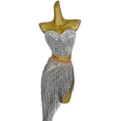 Weijing Silver Sequins Tassel Mini Skirt Crop Tops 2 Pieces Set