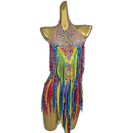 Xinwucai Women Colorful Rainbow Tassel Leotard