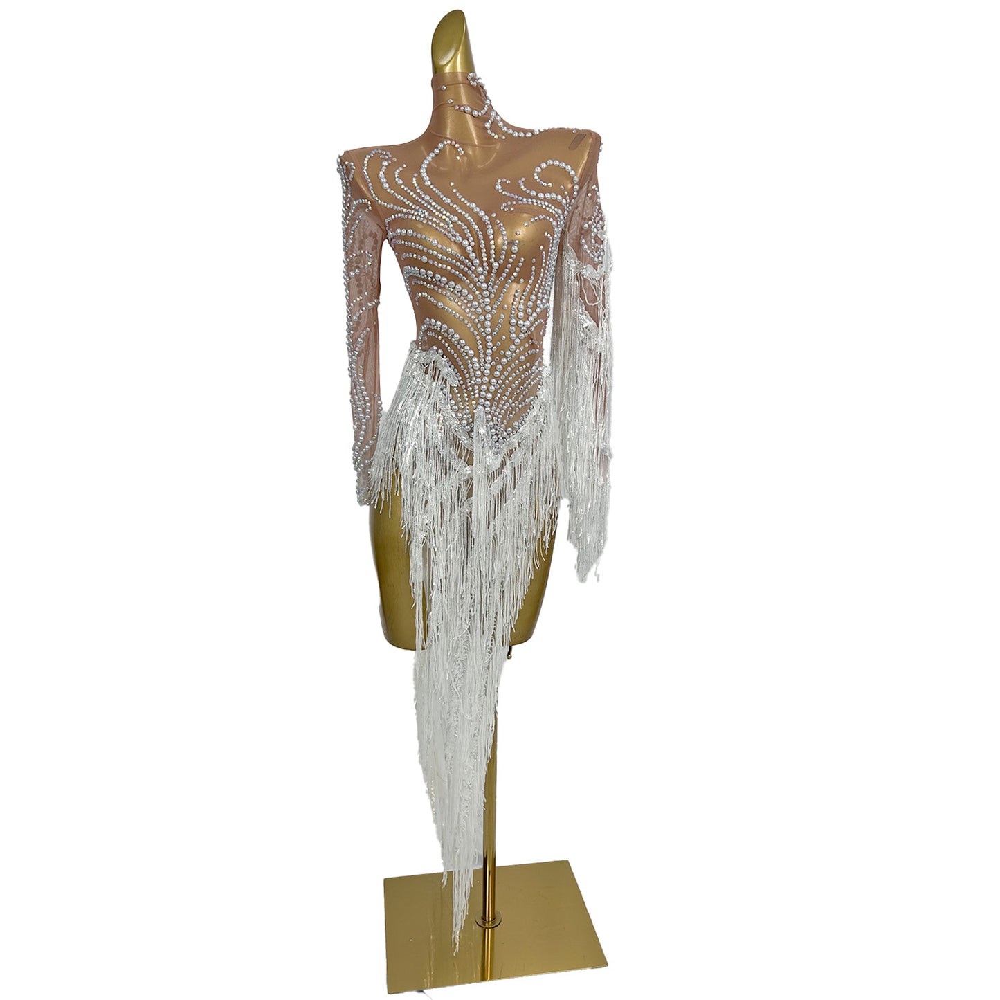 Fumao White Rhinestone Pearls Tassel Event Party Dress