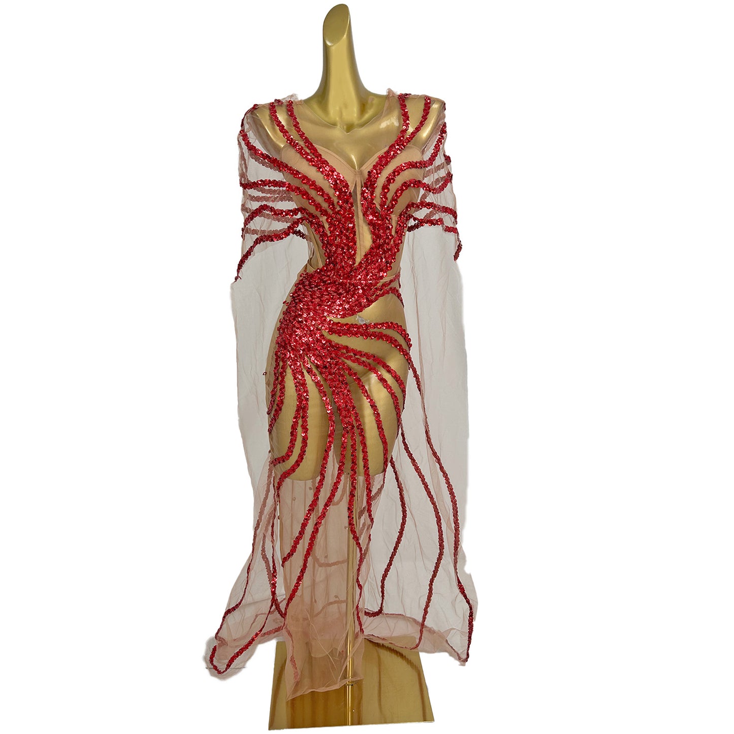 Dongmai  Perspective Red Glitter Sequin Evening Prom Dress