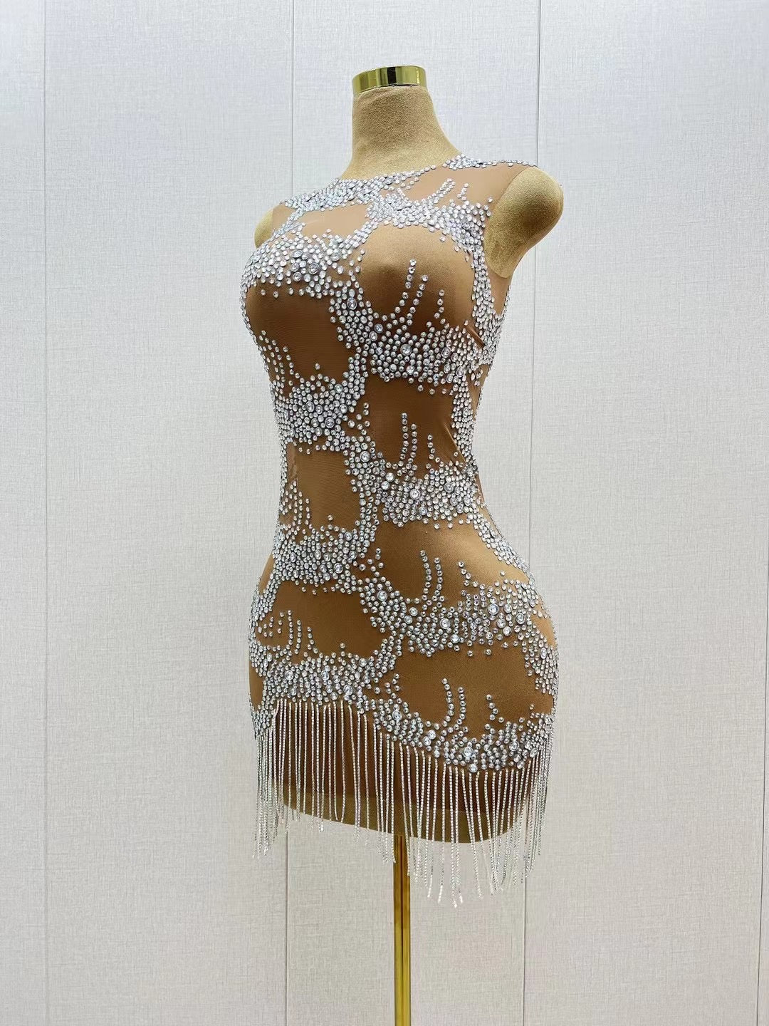 CELESINYI Shuilianhua Crystal Fringe Mini Dress