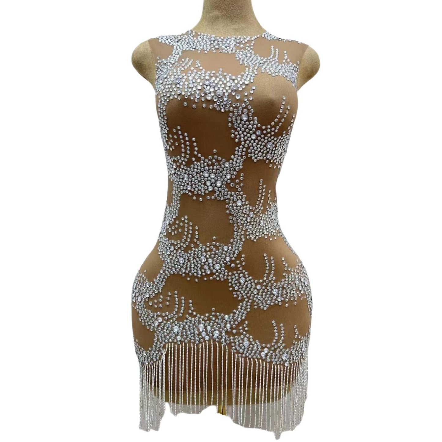 CELESINYI Shuilianhua Crystal Fringe Mini Dress