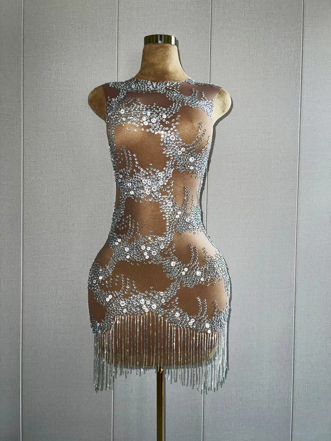 CELESINYI Shuilianhua Crystal Fringe Mini Dress