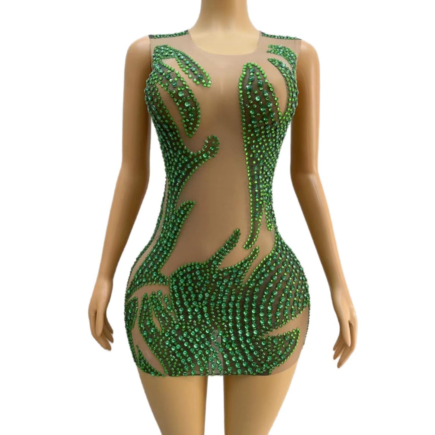 CELESINYI Lvyi Crystal Green Flame Mini Dress