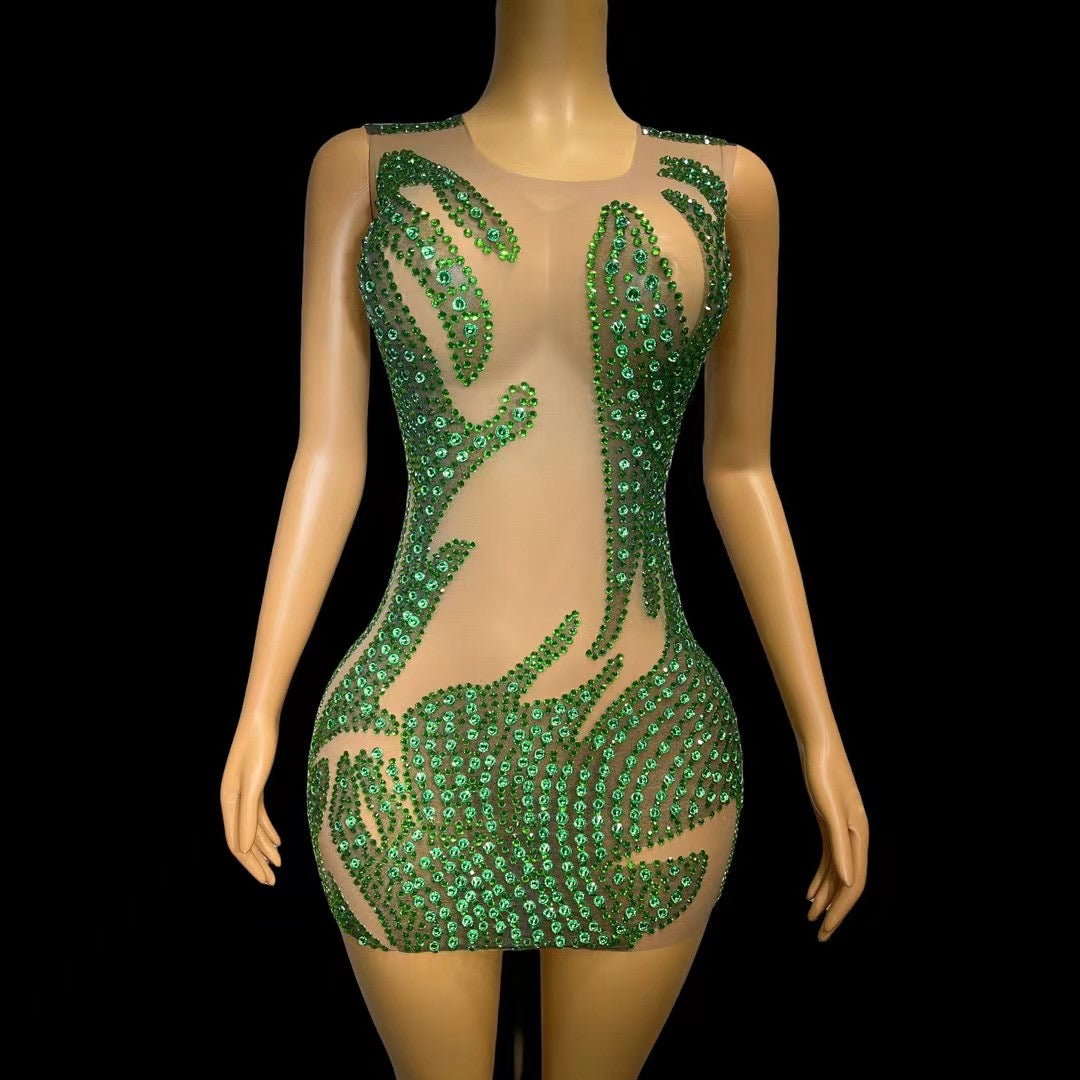 CELESINYI Lvyi Crystal Green Flame Mini Dress