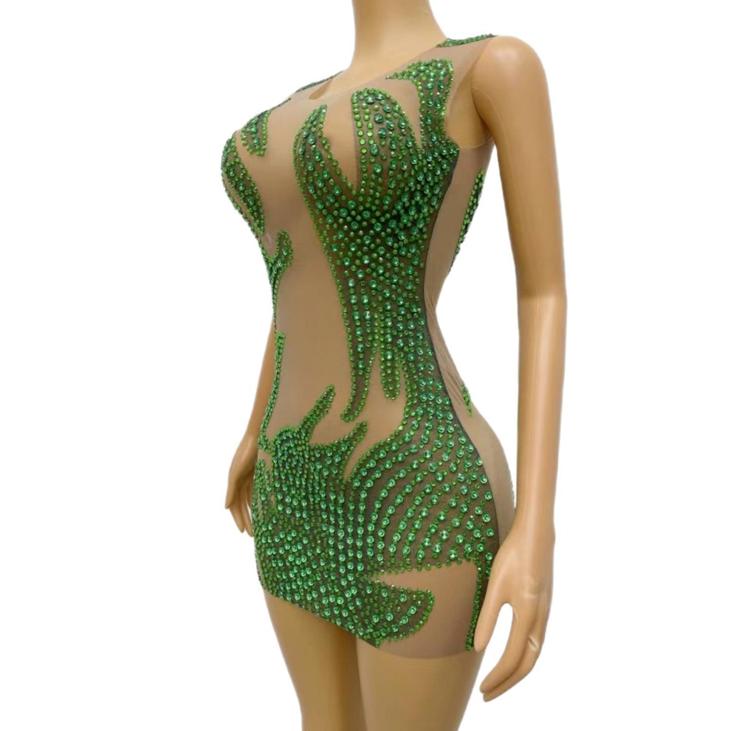 CELESINYI Lvyi Crystal Green Flame Mini Dress