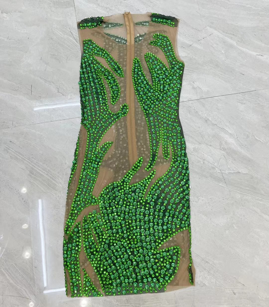CELESINYI Lvyi Crystal Green Flame Mini Dress