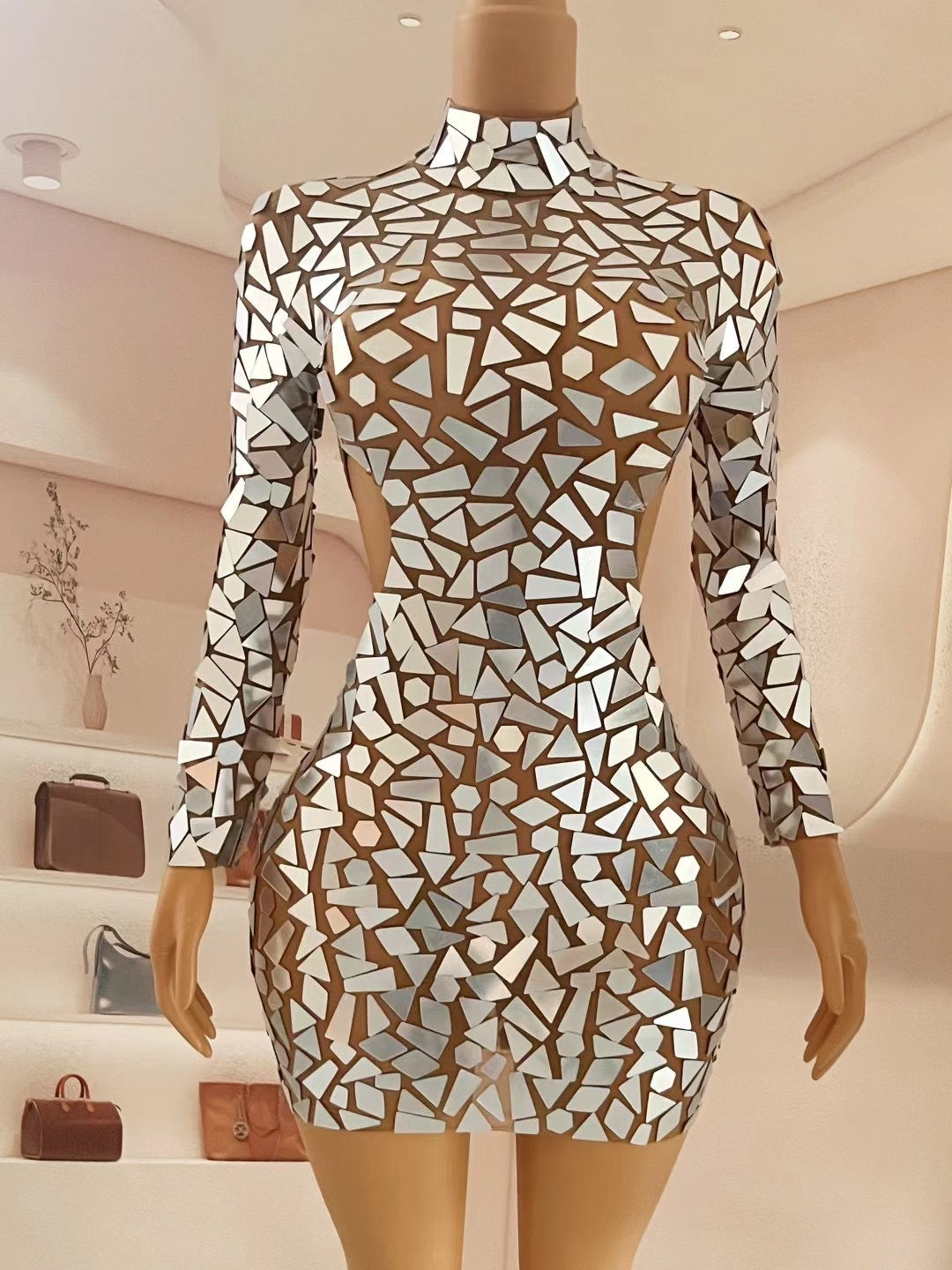 CELESINYI Luyao Crystal Mirror Mini Dress