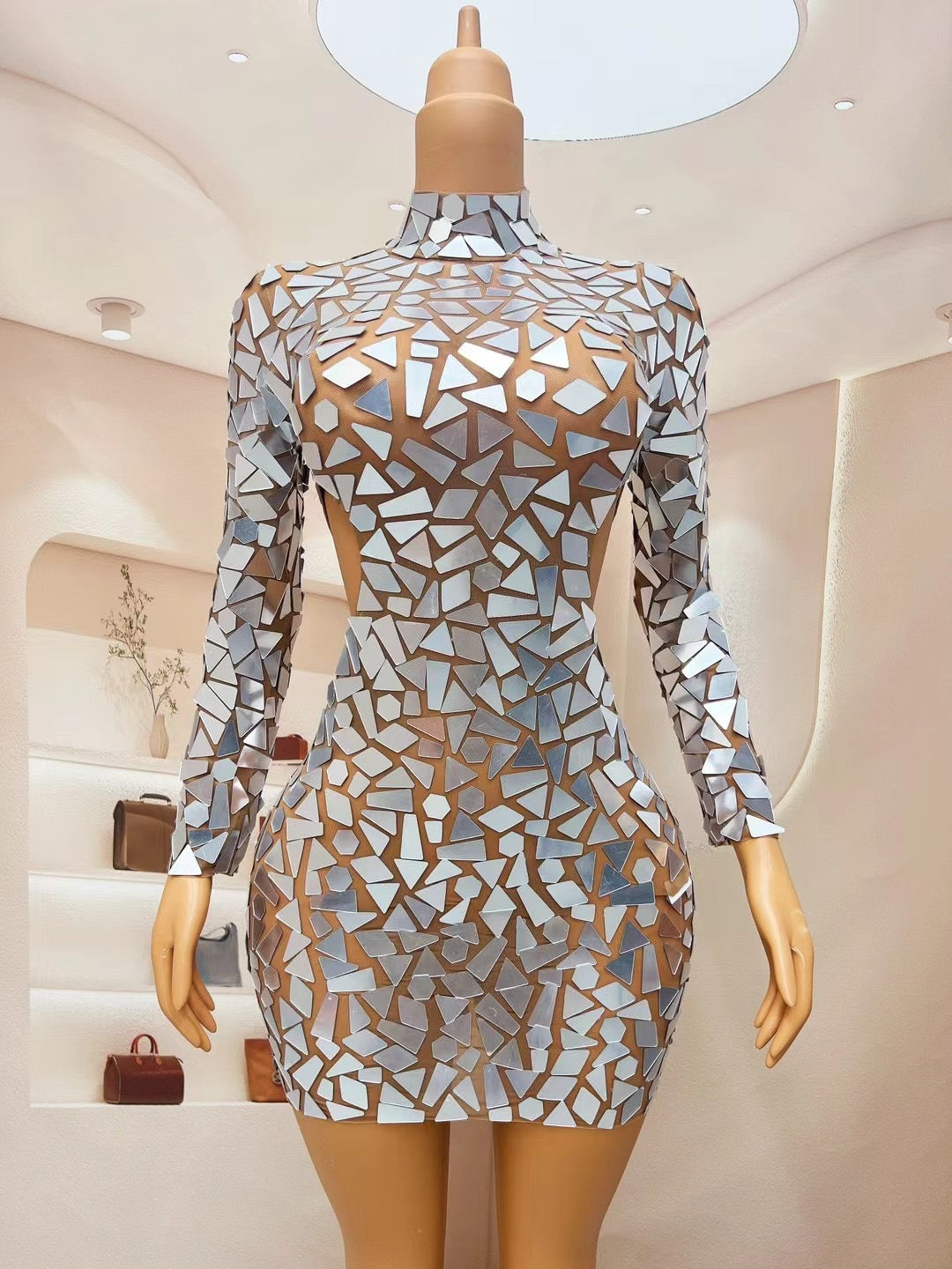 CELESINYI Luyao Crystal Mirror Mini Dress