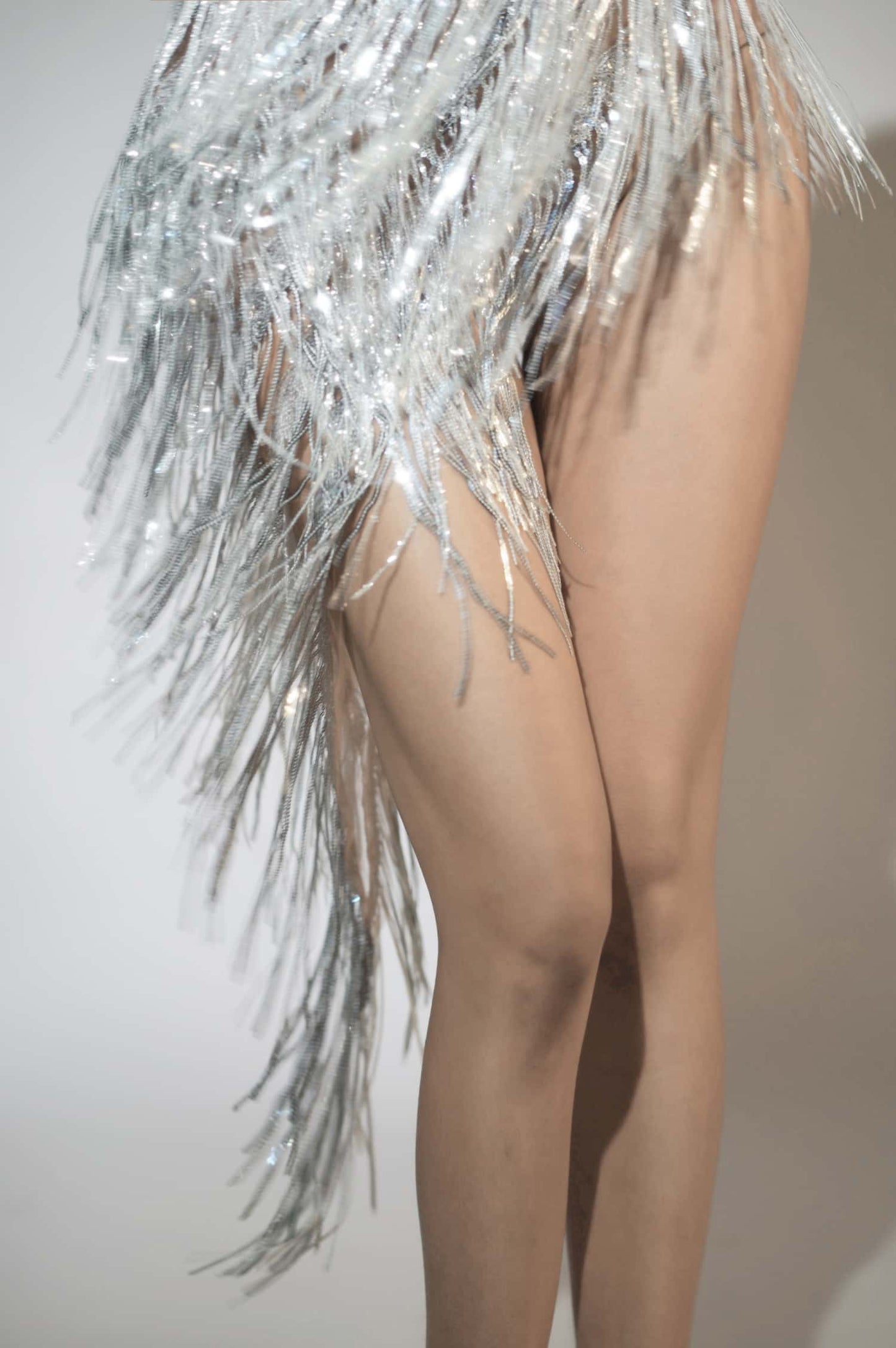 Wenrou Silver Rhinestones Top Tassel Skirt 2Pcs Set