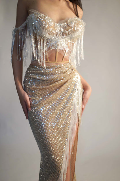 Fensi White Tassel Top Tassel Skirt 2Pcs Set