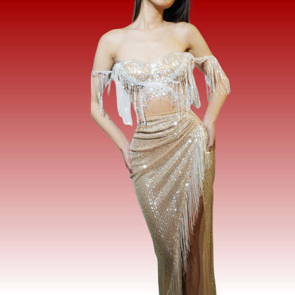 Fensi White Tassel Top Tassel Skirt 2Pcs Set