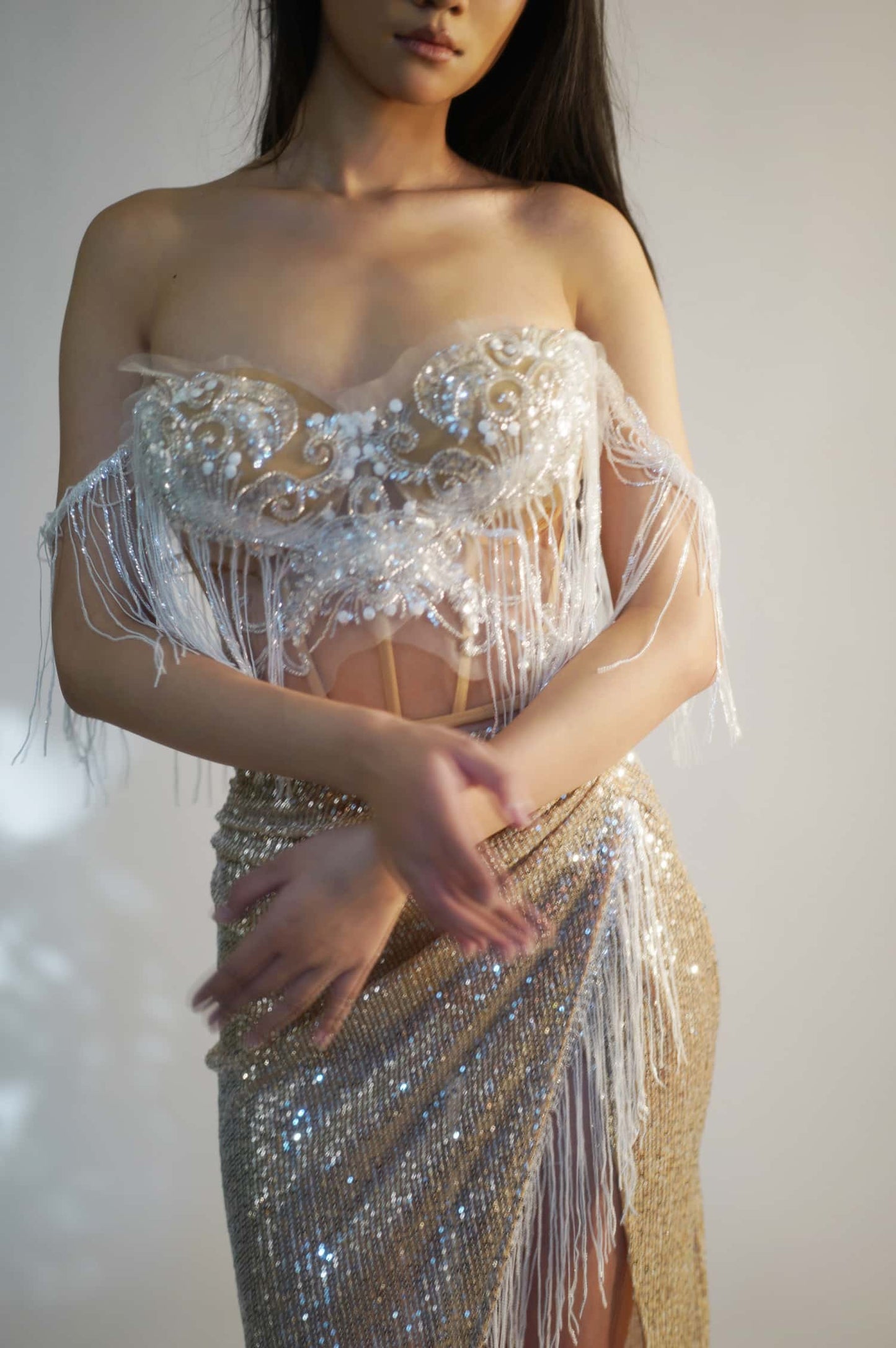 Fensi White Tassel Top Tassel Skirt 2Pcs Set