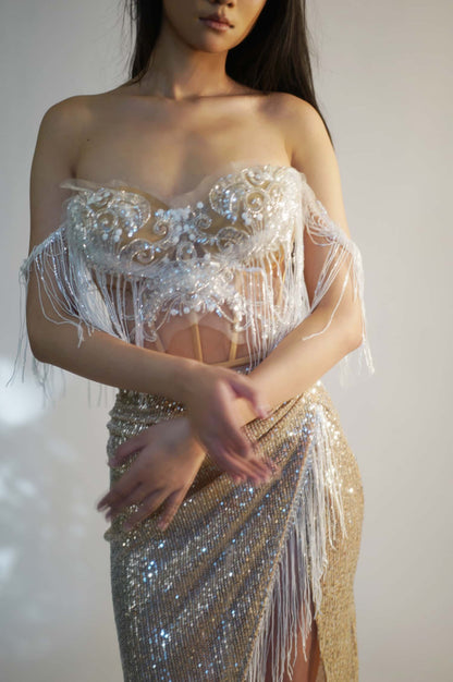 Fensi White Tassel Top Tassel Skirt 2Pcs Set