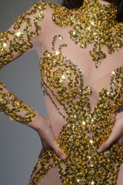 Raoquan Gold Sequins Mesh High Side Slits Ultra Short Dress