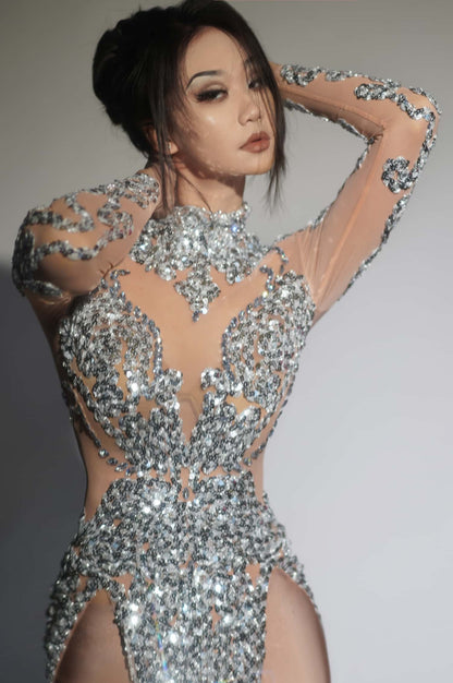 Raoquan Silver Sequins Mesh High Side Slits Ultra Short Dress