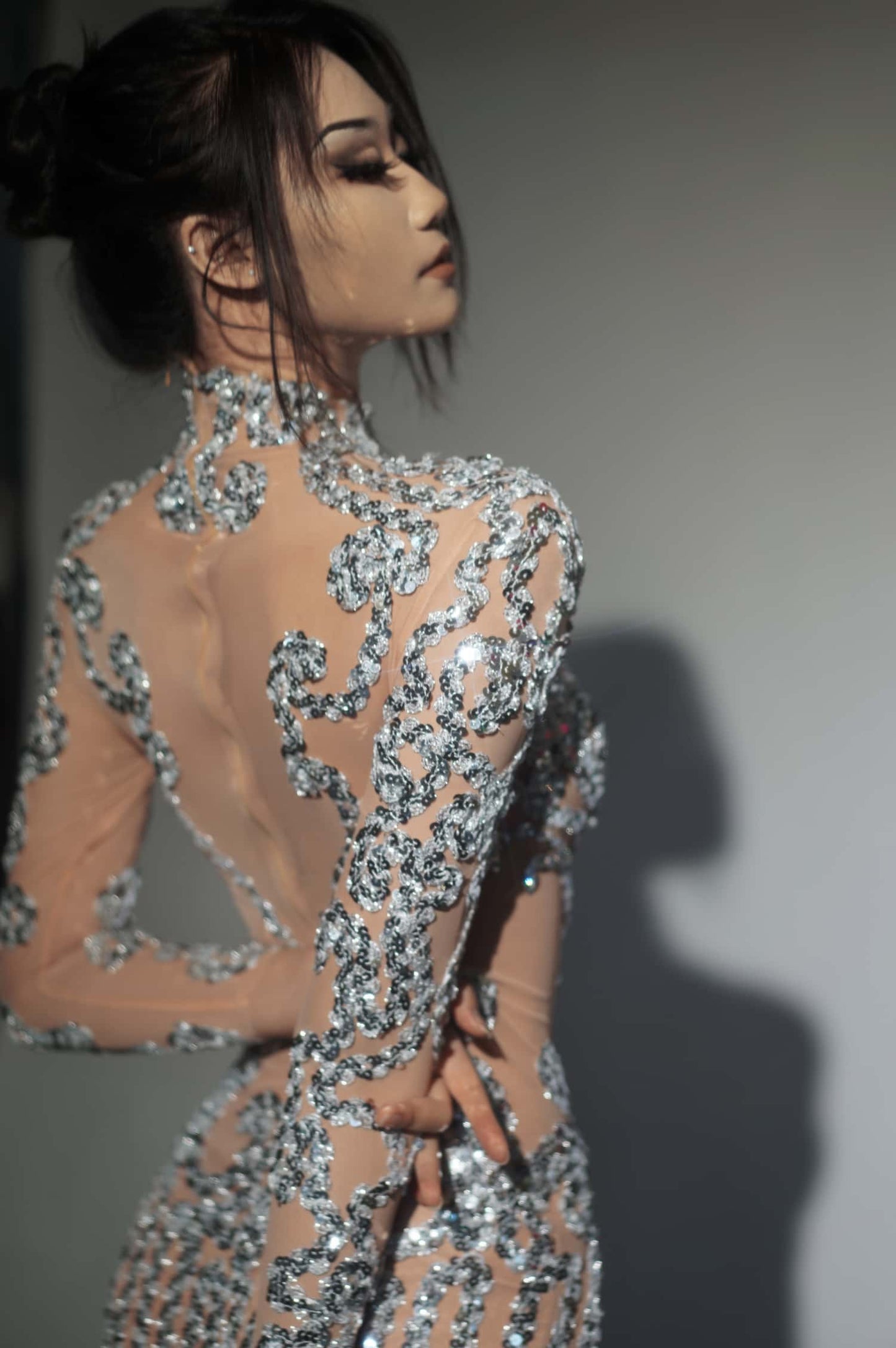 Raoquan Silver Sequins Mesh High Side Slits Ultra Short Dress