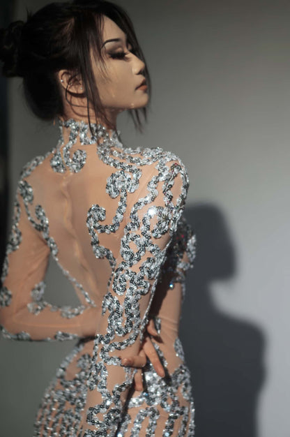 Raoquan Silver Sequins Mesh High Side Slits Ultra Short Dress