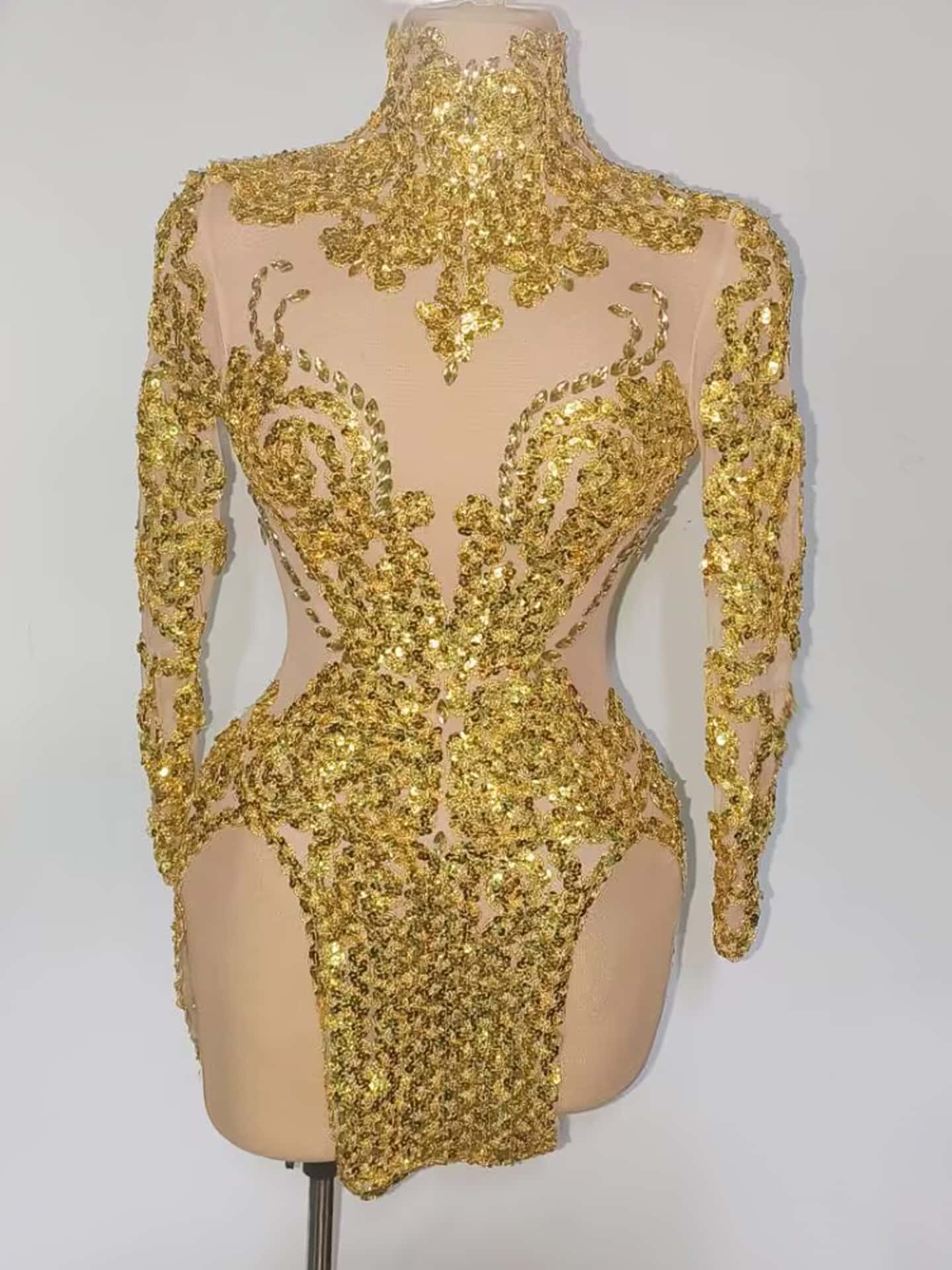 Raoquan Gold Sequins Mesh High Side Slits Ultra Short Dress
