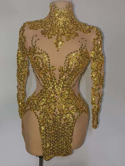 Raoquan Gold Sequins Mesh High Side Slits Ultra Short Dress