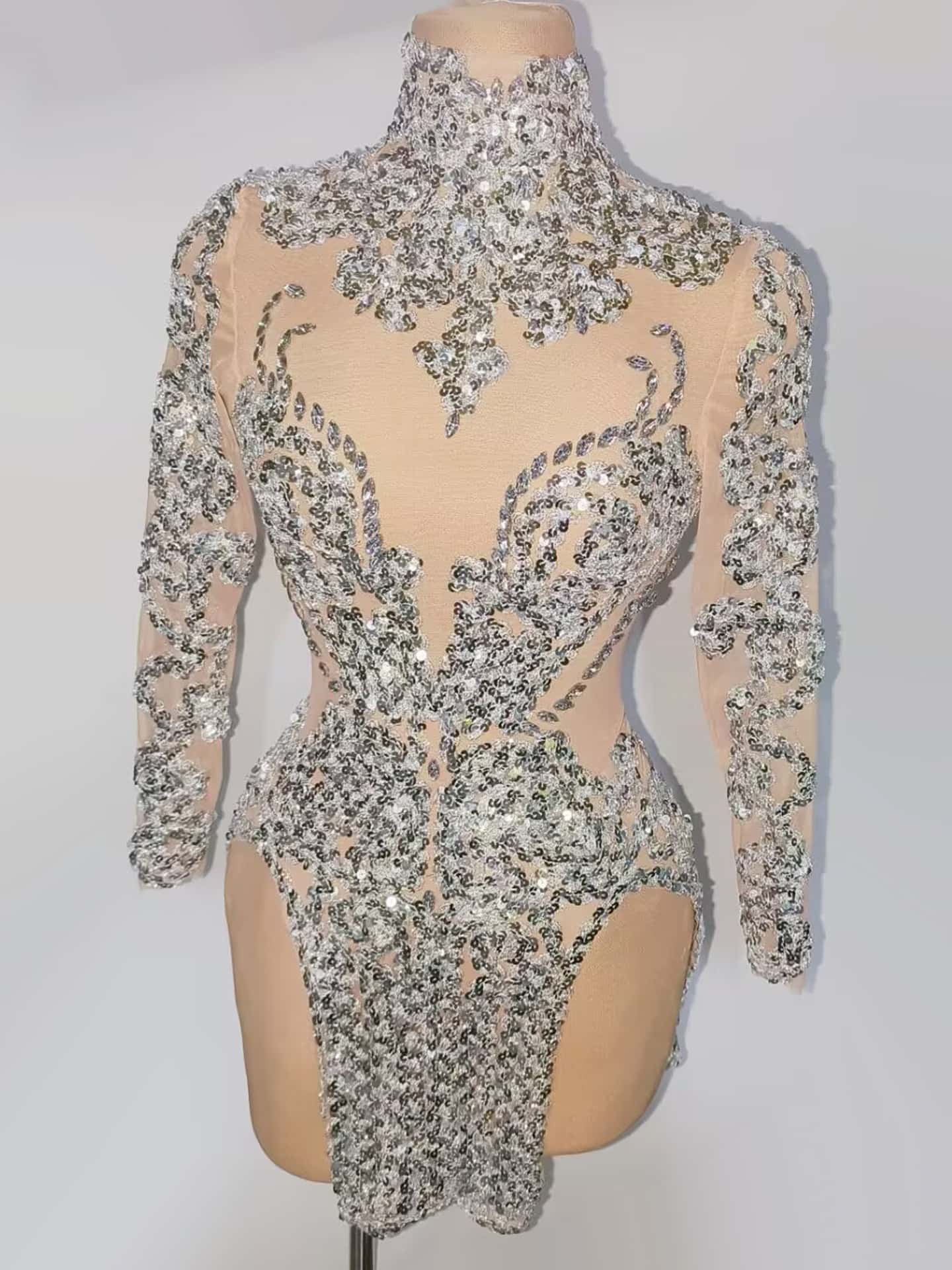 Raoquan Silver Sequins Mesh High Side Slits Ultra Short Dress