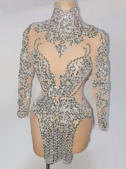 Raoquan Silver Sequins Mesh High Side Slits Ultra Short Dress