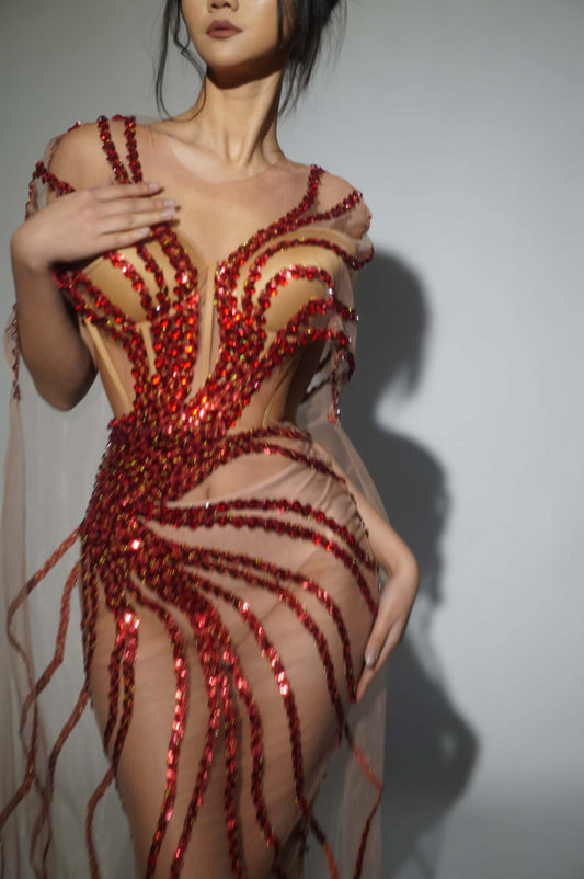 Dongmai  Perspective Red Glitter Sequin Evening Prom Dress