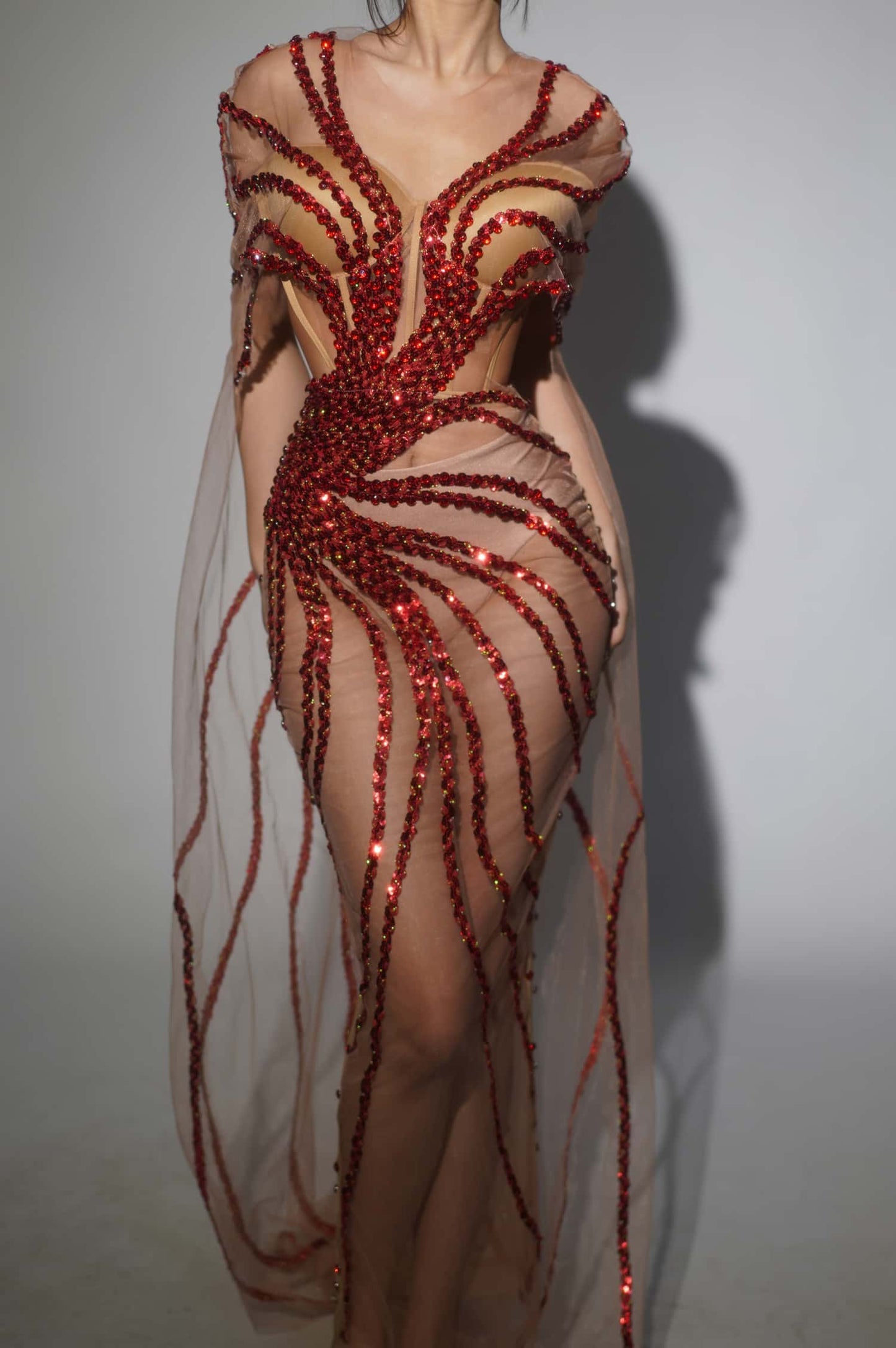 Dongmai  Perspective Red Glitter Sequin Evening Prom Dress